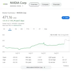 Nvidia NVDA Stock Price August 23 After Hours. Source: Google Finance